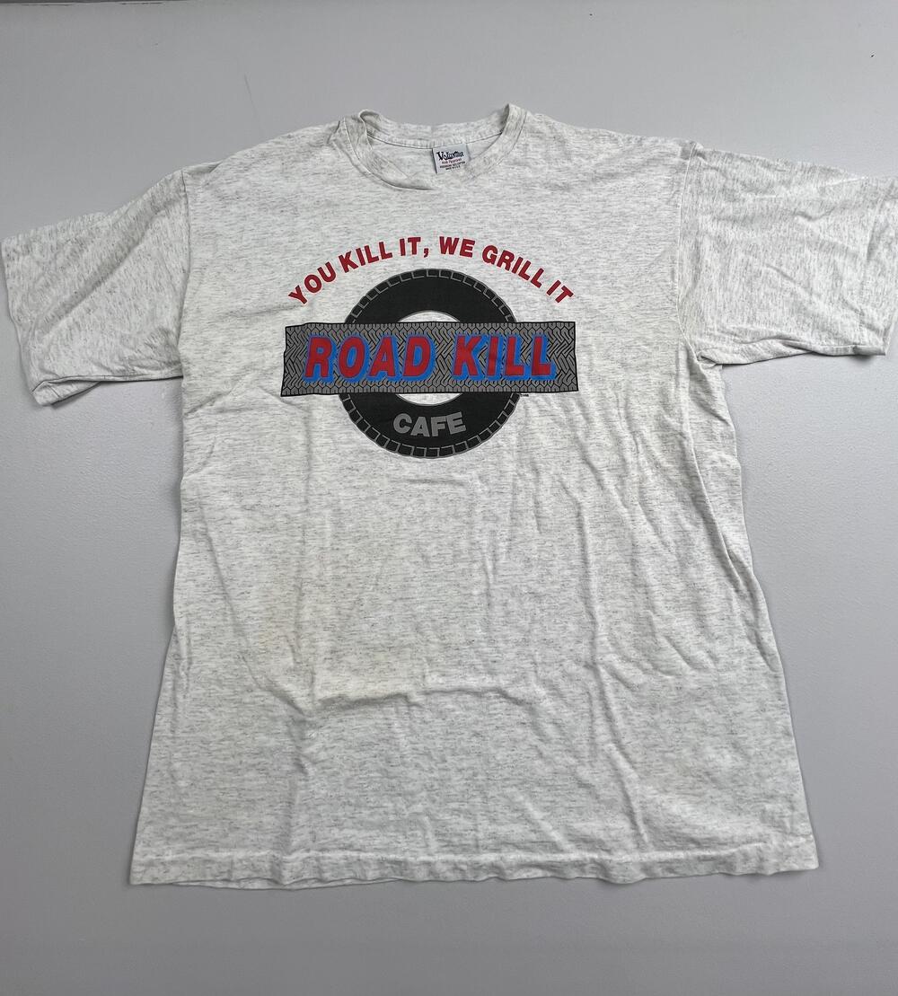 Vintage Volunteer Knit Apparel Shirt Mens XL Gray Road Kill Cafe Graphic Tee USA